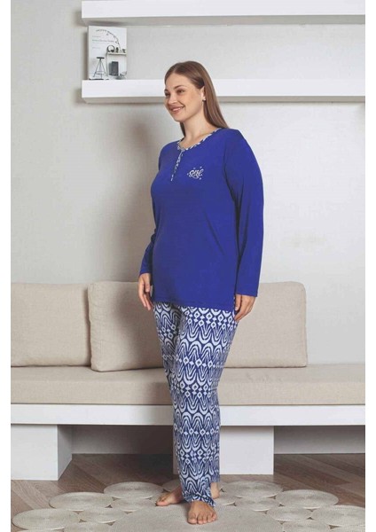 Kadın Etnik Desen 3 Düğmeli Likralı Viskon Mevsimlik Uzun Kol Pijama Takımı fırsatları