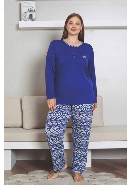 Kadın Etnik Desen 3 Düğmeli Likralı Viskon Mevsimlik Uzun Kol Pijama Takımı indirimleri