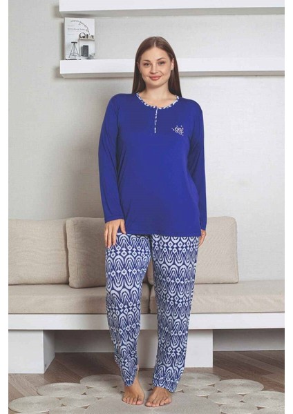 Kadın Etnik Desen 3 Düğmeli Likralı Viskon Mevsimlik Uzun Kol Pijama Takımı