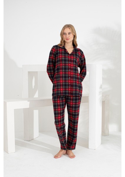 Angelique %100 Pamuk Uzun Kol Ekose Kadın Pijama Takımı 21224-25-26-27