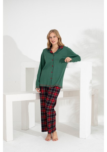 Angelique %100 Pamuk Uzun Kol Ekose Kadın Pijama Takımı 21224-25-26-27
