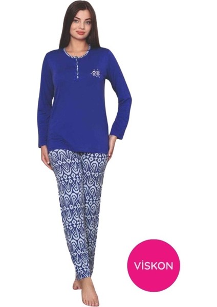 Kadın Etnik Desen 3 Düğmeli Likralı Viskon Mevsimlik Uzun Kol Pijama Takımı
