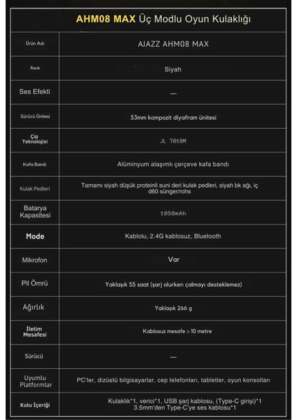 Ahm-08 Max Kablosuz Mikrofonlu Oyuncu Kulaklığı 3modlu KULLANIM-53MM Kompozit Driver-10 Saat Çalışma indirimleri