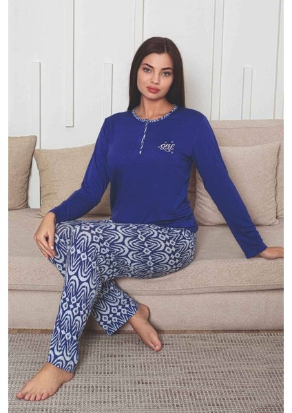 Kadın Etnik Desen 3 Düğmeli Likralı Viskon Mevsimlik Uzun Kol Pijama Takımı modelleri