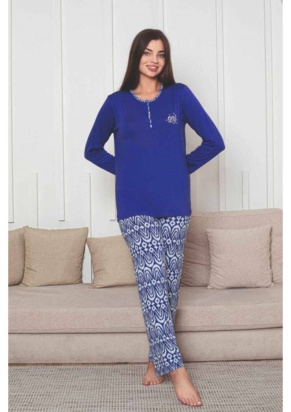 Kadın Etnik Desen 3 Düğmeli Likralı Viskon Mevsimlik Uzun Kol Pijama Takımı fırsatları