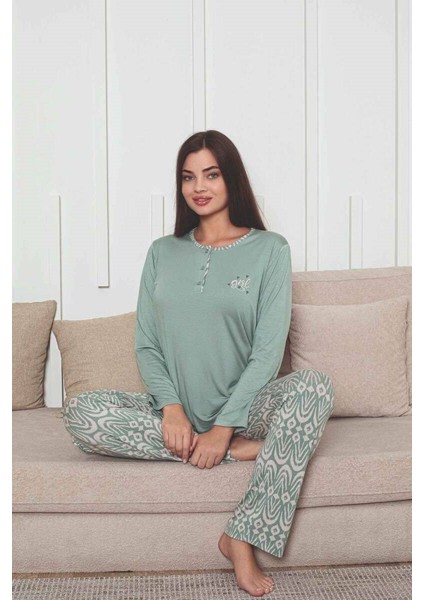 Kadın Etnik Desen 3 Düğmeli Likralı Viskon Mevsimlik Uzun Kol Pijama Takımı modelleri
