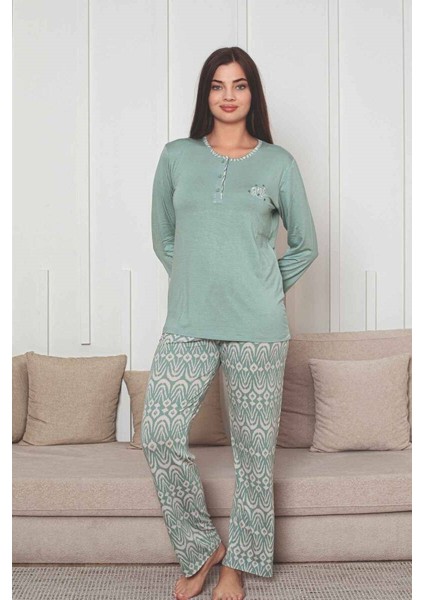 Kadın Etnik Desen 3 Düğmeli Likralı Viskon Mevsimlik Uzun Kol Pijama Takımı fırsatları