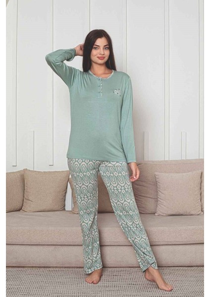 Kadın Etnik Desen 3 Düğmeli Likralı Viskon Mevsimlik Uzun Kol Pijama Takımı indirimleri