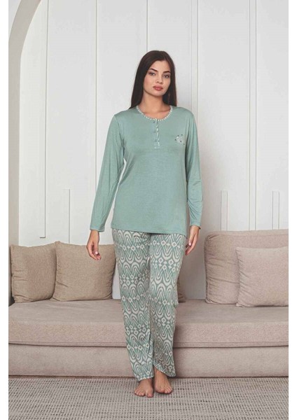 Kadın Etnik Desen 3 Düğmeli Likralı Viskon Mevsimlik Uzun Kol Pijama Takımı