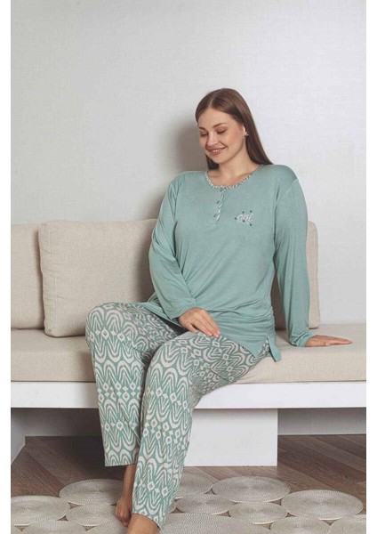 Kadın Etnik Desen 3 Düğmeli Likralı Viskon Mevsimlik Uzun Kol Pijama Takımı modelleri