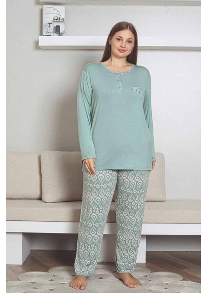 Kadın Etnik Desen 3 Düğmeli Likralı Viskon Mevsimlik Uzun Kol Pijama Takımı fırsatları