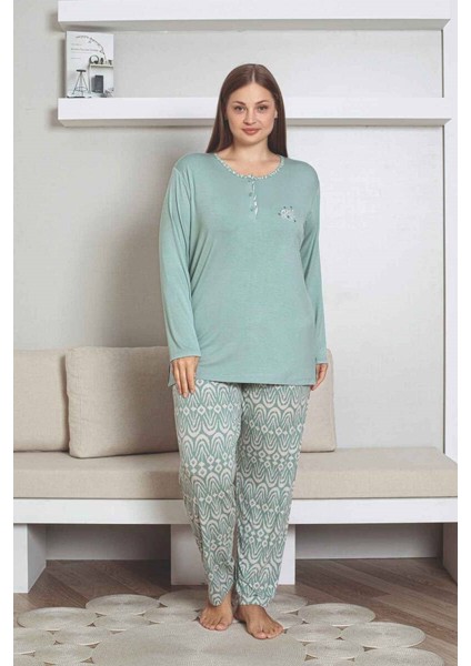 Kadın Etnik Desen 3 Düğmeli Likralı Viskon Mevsimlik Uzun Kol Pijama Takımı indirimleri