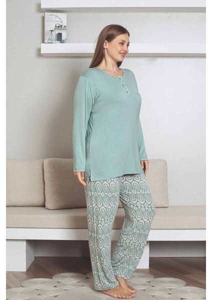 Kadın Etnik Desen 3 Düğmeli Likralı Viskon Mevsimlik Uzun Kol Pijama Takımı