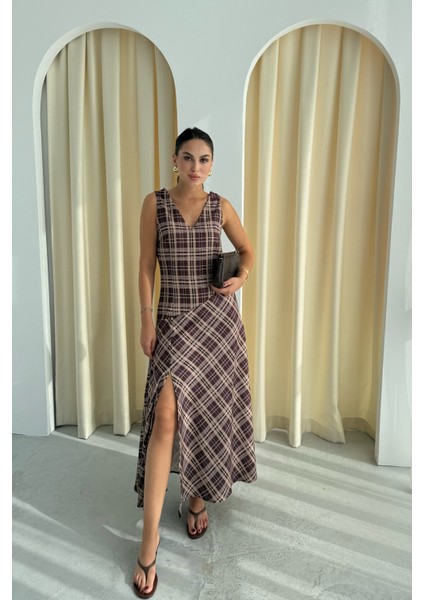 Kahve Zr Model Kalın Askılı Ekoseli Elbise