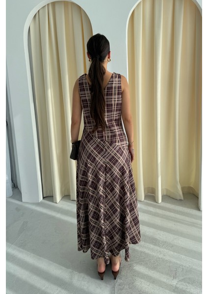 Kahve Zr Model Kalın Askılı Ekoseli Elbise indirimleri