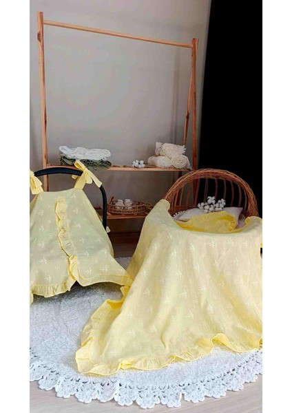 Brodeli Müslin Battaniye ve Puset Örtüsü Set & 10'lu Ağız Bezi Hediye