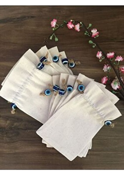 Nazar Boncuklu Kese Natürel Keten Lavanta Kese 9X14 cm