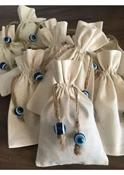 Nazar Boncuklu Kese Natürel Keten Lavanta Kese 9X14 cm modelleri