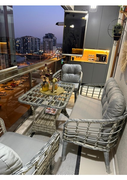 KARTEPE 2 1 1 RATTAN BAHÇE BALKON TAKIMI,ANTRASİT GRİ RATTAN/GRİ KUMAŞ modelleri