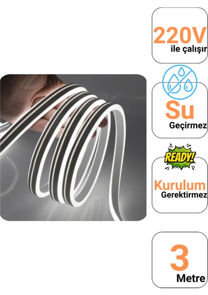 3 Metre 220 Volt Beyaz Neon Led Tak Çalıştır 8x16mm Esnek Hortum Led Suya Dayanıklı Şerit Aydınlatma fiyatları