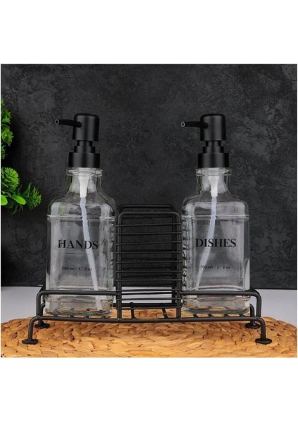 Cam Şişe Sıvı Sabunluk Seti 2×500 ml Siyah Ferforje Metal Standlı Paslanmaz Dayanıklı fırsatları