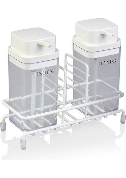 Plastik Deluxe Kare Standlı 2'li Şeffaf Beyaz Sıvı Sabunluk Seti Banyo Mutfak