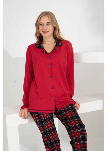 Angelique %100 Pamuk Uzun Kol Ekose Kadın Pijama Takımı 21224-25-26-27