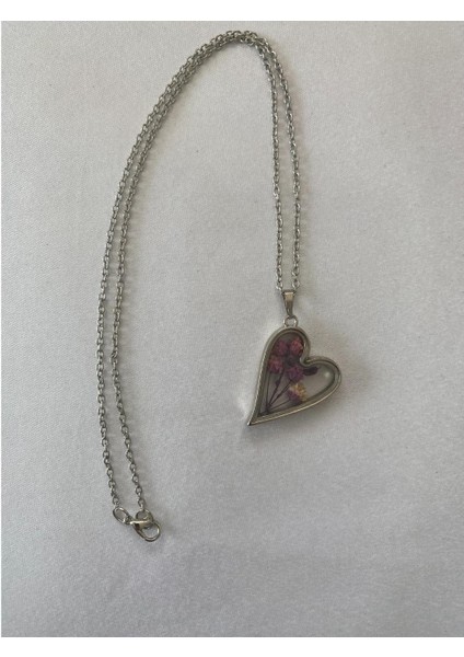 Kurutulmuş Mor Çiçekli Kalp Kolye Gümüş Renk