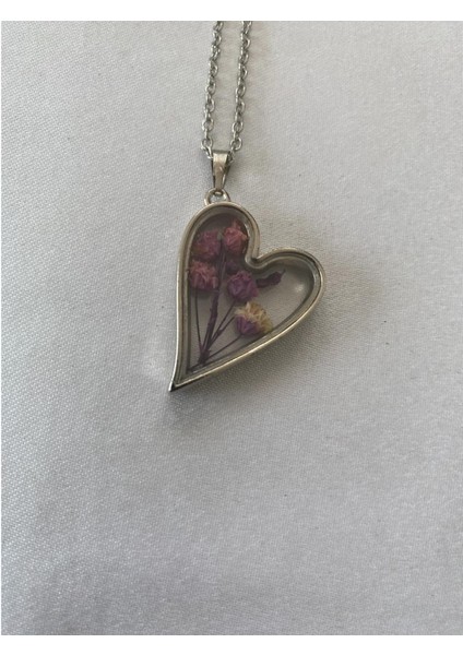 Kurutulmuş Mor Çiçekli Kalp Kolye Gümüş Renk fiyatları