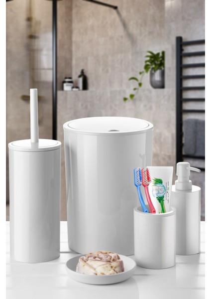 Flores 5'li Beyaz Banyo Seti Plastik Kapaklı Suya Dayanıklı Şık ve Modern Tasarım