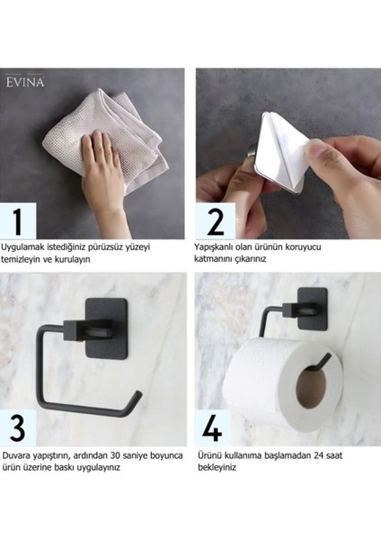 Kare Yapışkanlı Uzun Havluluk ve Tuvalet Kağıtlığı Demir Mat Siyah Suya Dayanıklı