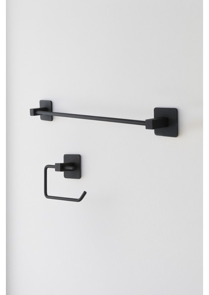 Kare Yapışkanlı Uzun Havluluk ve Tuvalet Kağıtlığı Demir Mat Siyah Suya Dayanıklı