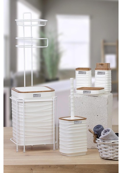 6 Parça Beyaz Metal ve Ahşap Desenli Banyo Seti fırsatları