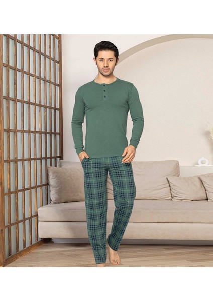 Erkek 3 Düğmeli Ekose Desen Pamuk Likra Mevsimlik Modal Uzun Kol Manşetli Cepli Pijama Takımı modelleri