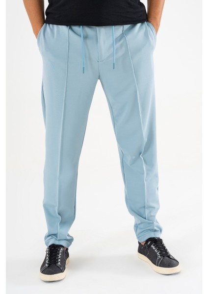 Erkek Açık Mavi Çımalı Rahat Spor Pantolon Duble Paça Jogger Eşofman Altı