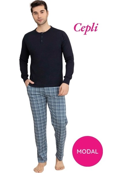 Erkek 3 Düğmeli Ekose Desen Pamuk Likra Mevsimlik Modal Uzun Kol Manşetli Cepli Pijama Takımı