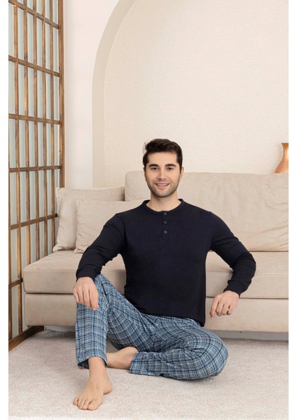 Erkek 3 Düğmeli Ekose Desen Pamuk Likra Mevsimlik Modal Uzun Kol Manşetli Cepli Pijama Takımı modelleri