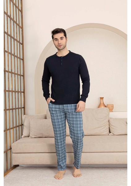 Erkek 3 Düğmeli Ekose Desen Pamuk Likra Mevsimlik Modal Uzun Kol Manşetli Cepli Pijama Takımı fırsatları