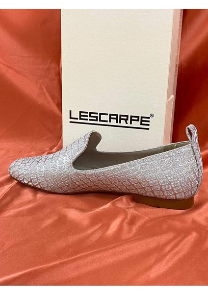 LES033 Altın Gold Dokulu Simli Kumaş Kadın Loafer-Babet