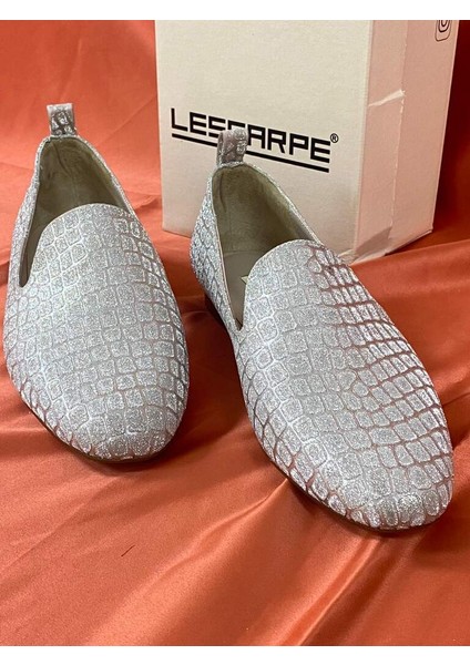 LES033 Altın Gold Dokulu Simli Kumaş Kadın Loafer-Babet modelleri