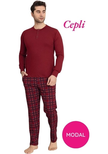 Erkek 3 Düğmeli Ekose Desen Pamuk Likra Mevsimlik Modal Uzun Kol Manşetli Cepli Pijama Takımı