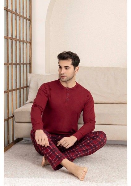 Erkek 3 Düğmeli Ekose Desen Pamuk Likra Mevsimlik Modal Uzun Kol Manşetli Cepli Pijama Takımı modelleri