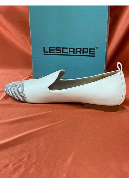 LES035 Bej Önü Taşlı Kadın Babet Loafer