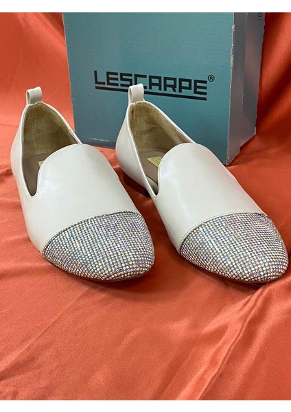 LES035 Bej Önü Taşlı Kadın Babet Loafer modelleri