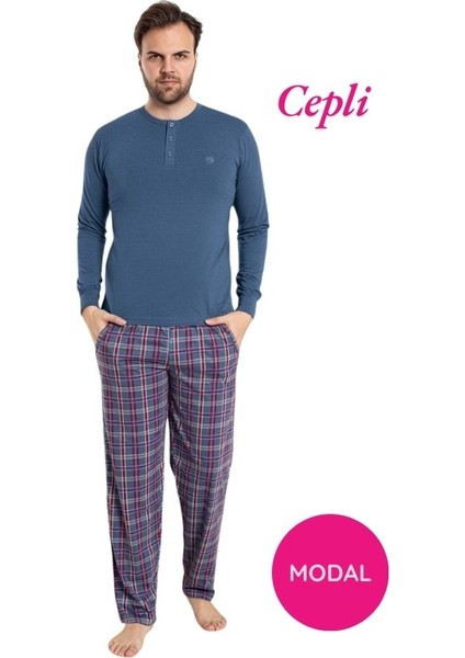 Erkek 3 Düğmeli Ekose Desen Pamuk Likra Mevsimlik Modal Uzun Kol Manşetli Cepli Pijama Takımı