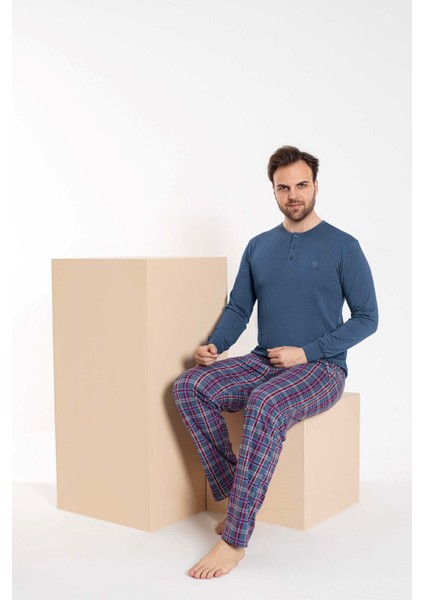 Erkek 3 Düğmeli Ekose Desen Pamuk Likra Mevsimlik Modal Uzun Kol Manşetli Cepli Pijama Takımı modelleri
