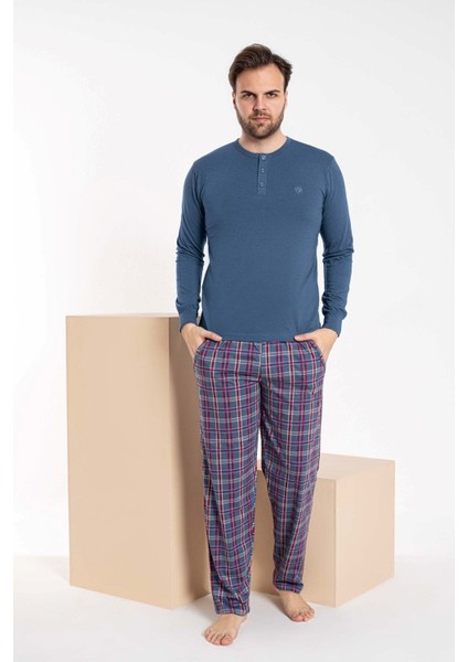 Erkek 3 Düğmeli Ekose Desen Pamuk Likra Mevsimlik Modal Uzun Kol Manşetli Cepli Pijama Takımı fırsatları