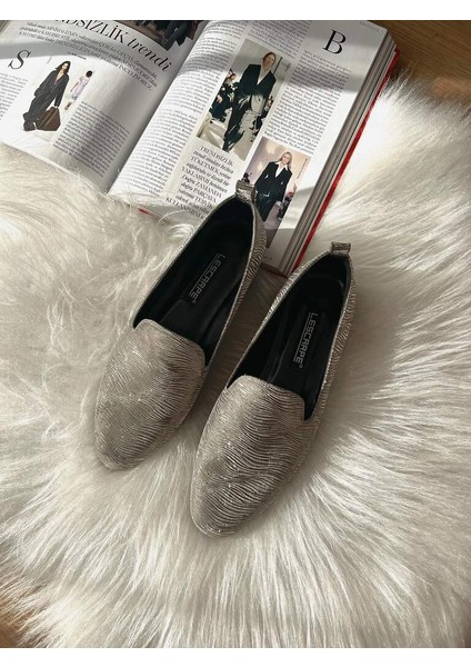 LES034 Gümüş Dokulu Simli Kumaş Kadın Loafer-Babet fiyatları