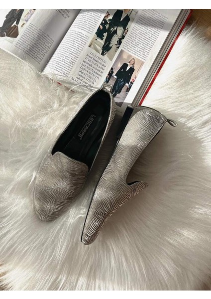 LES034 Gümüş Dokulu Simli Kumaş Kadın Loafer-Babet modelleri