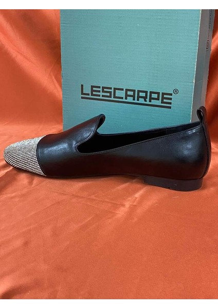 LES035 Siyah Önü Taşlı Kadın Babet Loafer